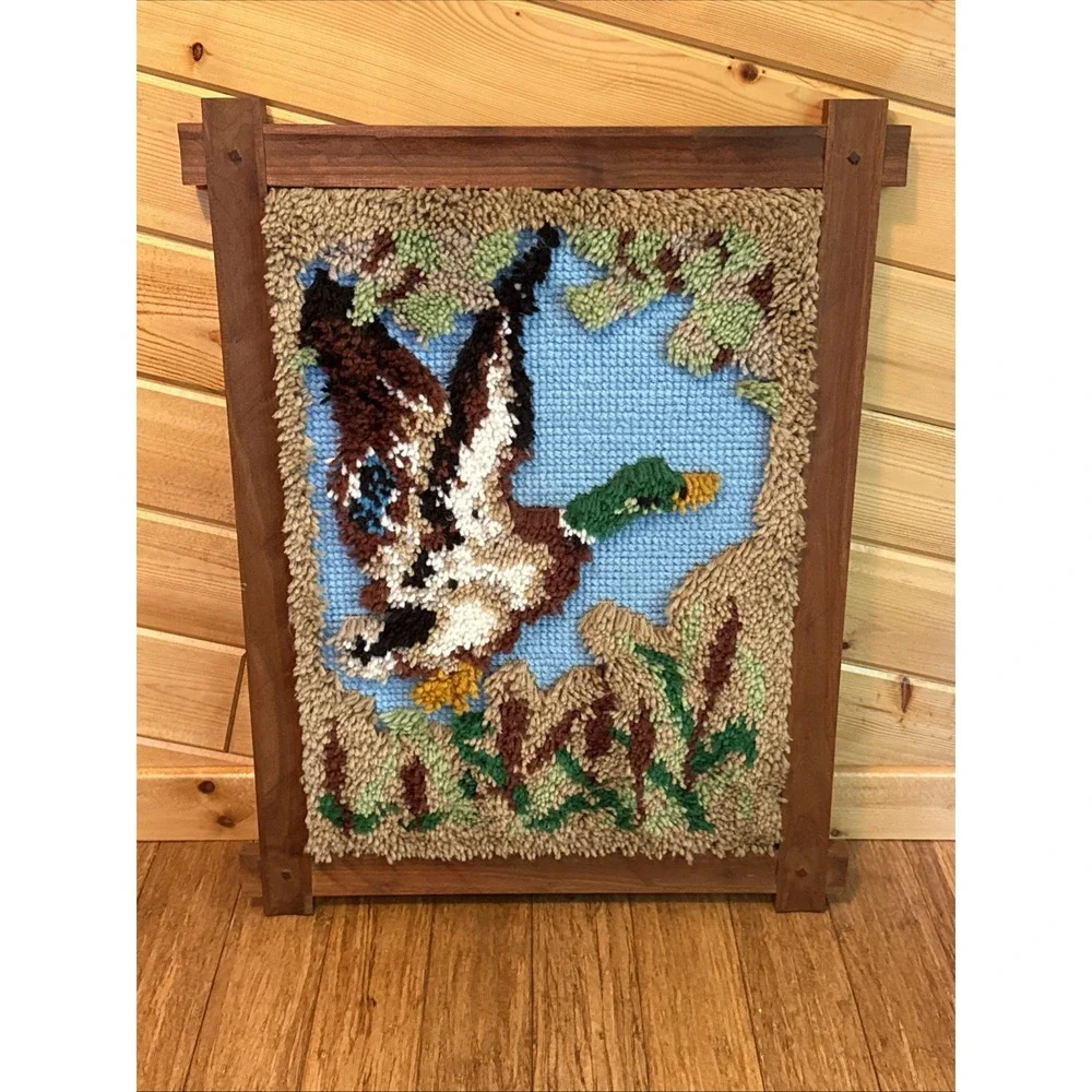 Vintage Latch & Hook Rug Wall Art Mallard Duck  70's Boho 29.5
